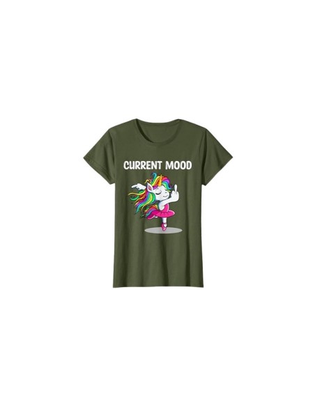 Tee-shirt femme "current mood" motif licorne doigt d'honneur vert olive