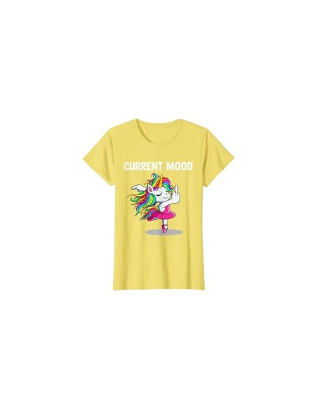 Tee-shirt jaune "current mood" avec licorne doigt d'honneur femme