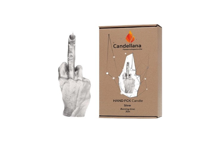 Bougie doigt d'honneur argentée 20 cm