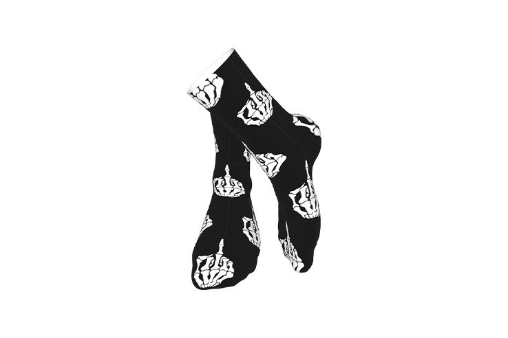 Chaussettes halloween noires et blanches unisexes à motif doigts d'honneur squelette
