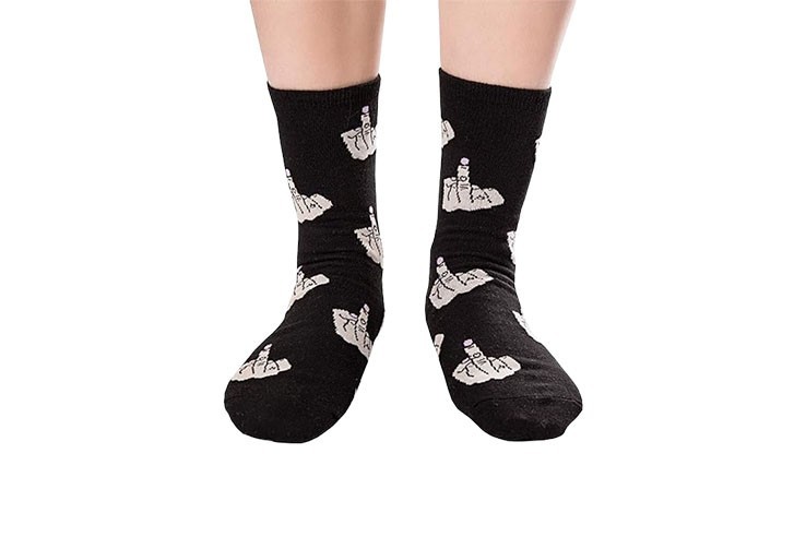 Chaussettes drôle noir en coton avec broderie doigt d'honneur