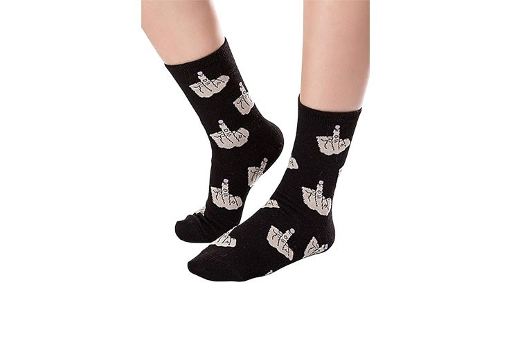 Chaussettes drôle noir en coton avec broderie doigt d'honneur