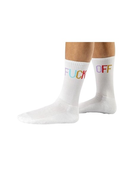 Chaussettes originales blanches avec message Fuck Off multicolores