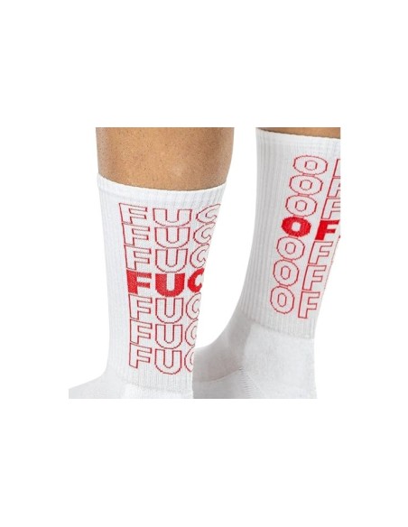 Chaussettes blanches avec inscription Fuck Off rouge