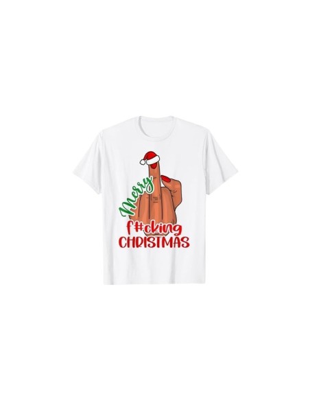 Pyjama blanc tee-shirt pour noël homme à motif doigt d'honneur et bonnet de noël "Joyeux putain de noël"