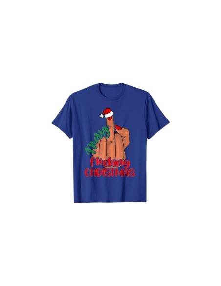 Tshirt homme de pyjama bleu avec motif Merry Fucking Christmas doigt d'honneur et bonnet de noël