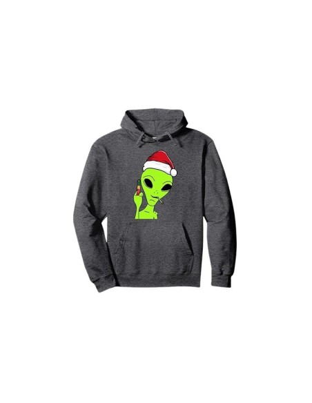 Sweat-shirt à capuche de noël unisexe gris foncé chiné alien doigt d'honneur et bonnet de noël