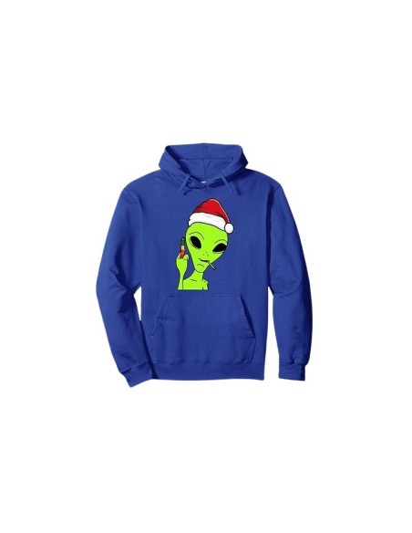 Pull à capuche bleu pour noël avec alien doigt d'honneur bonnet de noël