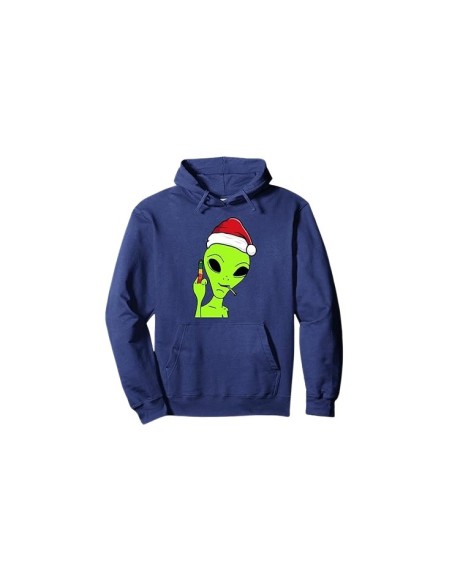 Sweat à capuche de noël motif alien doigt d'honneur qui fume un joint bleu marine