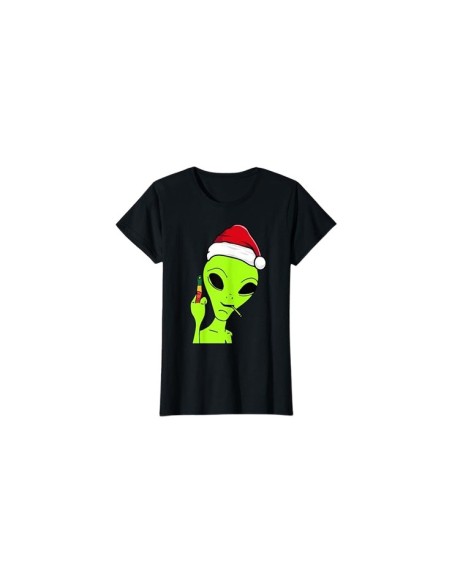 Tee-shirt de noël noir pour femme motif alien doigt d'honneur qui fume un joint