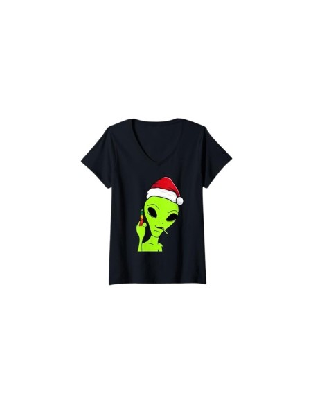 Tee-shirt noir pour femme en col V alien doigt d'honneur