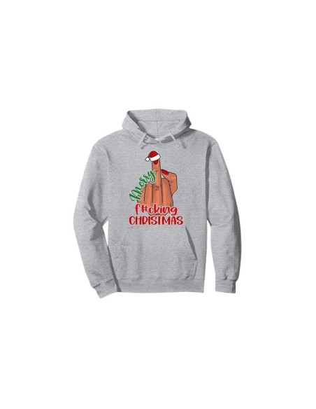 Sweat gris chiné à capuche amusant motif doigt d'honneur et inscription "Merry Fucking Christmas"