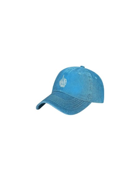 Casquette couleur bleu jean avec doigt d'honneur en main de squelette