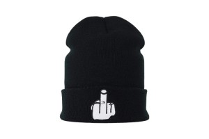 Bonnet amusant chaud pour hiver noir avec broderie doigt d'honneur blanc 2