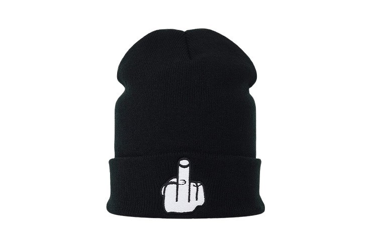 Bonnet amusant chaud pour hiver noir avec broderie doigt d'honneur blanc