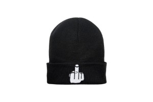 Bonnet amusant chaud pour hiver noir avec broderie doigt d'honneur blanc