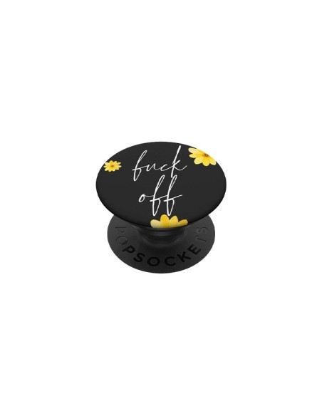Support PopGrip noir motif fleur jaune et inscription fuck off pour téléphone