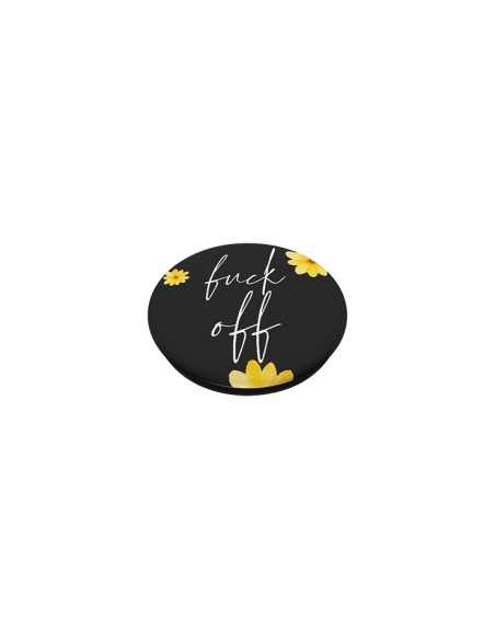 Support PopGrip noir motif fleur jaune et inscription fuck off pour téléphone
