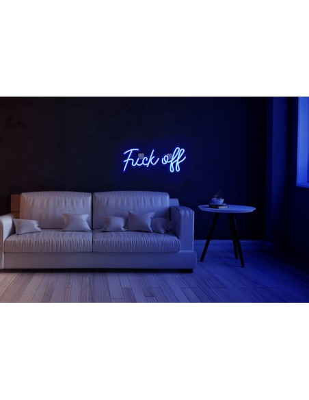 Néon bleu applique mural avec inscription "Fuck off"
