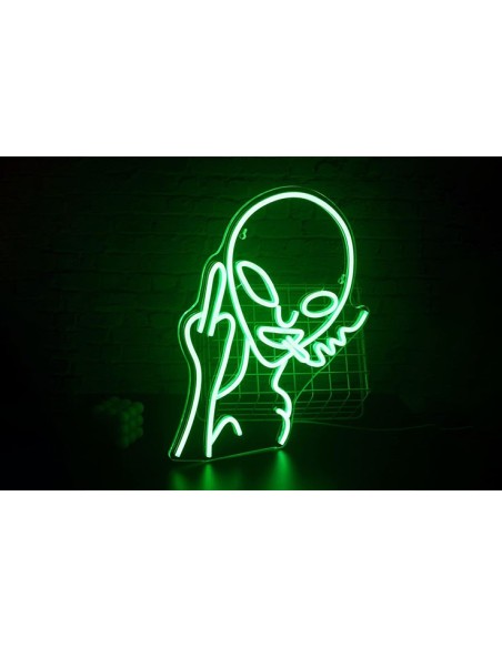 Néon vert mural motif alien doigt d'honneur