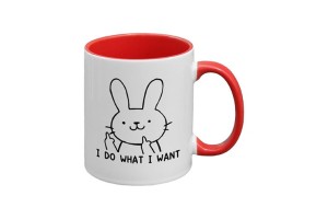 Mug en céramique blanc et rouge avec dessin lapin doigt d'honneur et inscription "I do what I want"