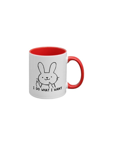 Mug en céramique blanc et rouge avec dessin lapin doigt d'honneur et inscription "I do what I want"