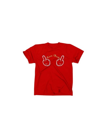 Tee-shirt avec motif main de Mickey doigt d'honneur et inscription Fuck Off rouge