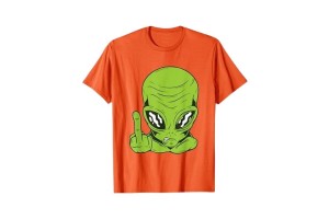 Tee-shirt tête d'alien enervé et doigt d'honneur orange homme