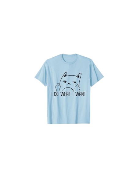 Tee-shirt à manche courte bleu ciel motif chat doigt d'honneur et inscription Je fais ce que je veux pour homme