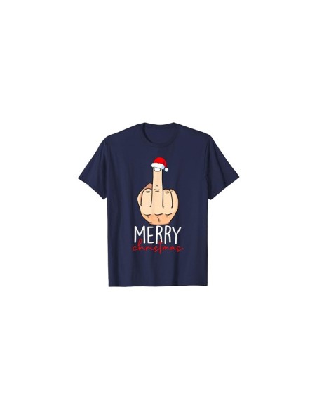 Tee-shirt doigt d'honneur bleu marine pour homme avec bonnet de noël Merry Christmas