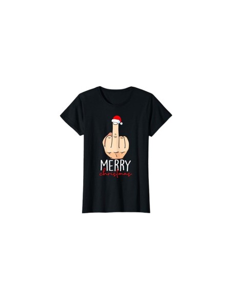 Tee-shirt noir Merry Christmas avec doigt d'honneur pour femme