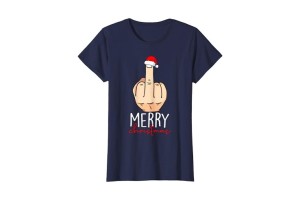 Tshirt doigt d'honneur et bonnet de noël bleu marine femme