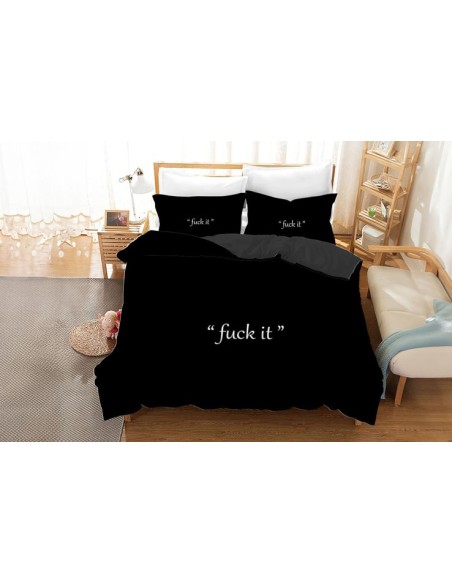 Parure de lit 220x240 noire avec inscription Fuck It - Housse de couette / 2 taies d'oreiller