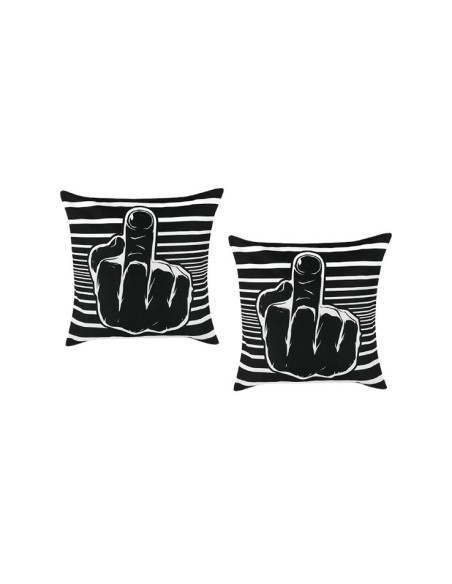 Lot de 2 housses de coussin 45x45 cm en lin noir et blanc avec motif doigt d'honneur