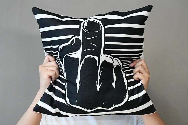 Lot de 2 housses de coussin 45x45 cm en lin noir et blanc avec motif doigt d'honneur