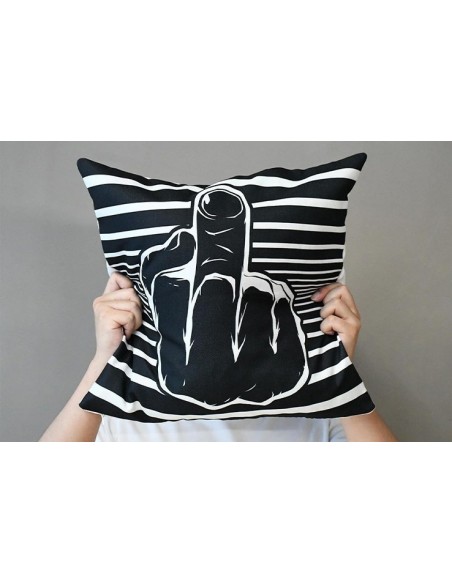 Lot de 2 housses de coussin 45x45 cm en lin noir et blanc avec motif doigt d'honneur