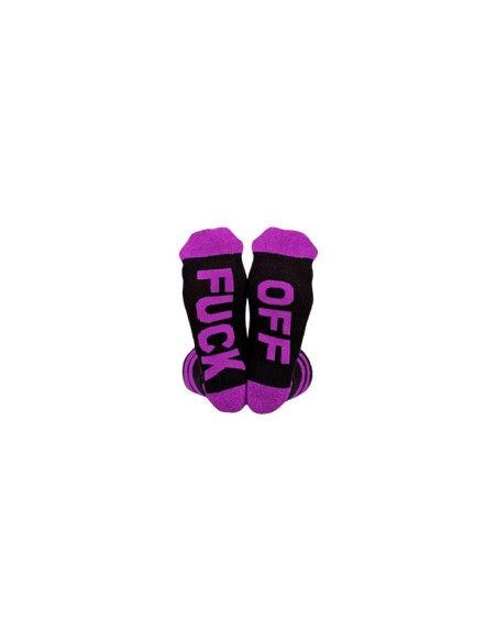 Paire de chaussette noir et violet drôle inscription Fuck Off en dessous unisexe