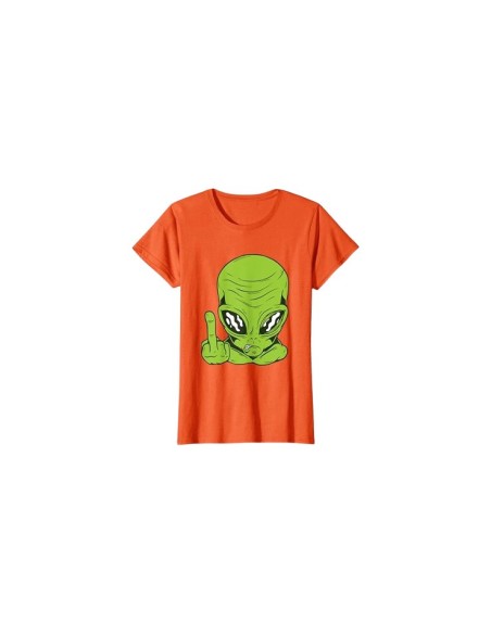 T-shirt orange drôle femme 🛸 Exprimez votre style unique avec ce motif tête d'alien pas content et doigt d'honneur !
