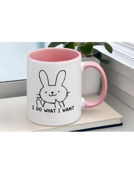Mug blanc et rose lapin doigt d'honneur "I do what I want"