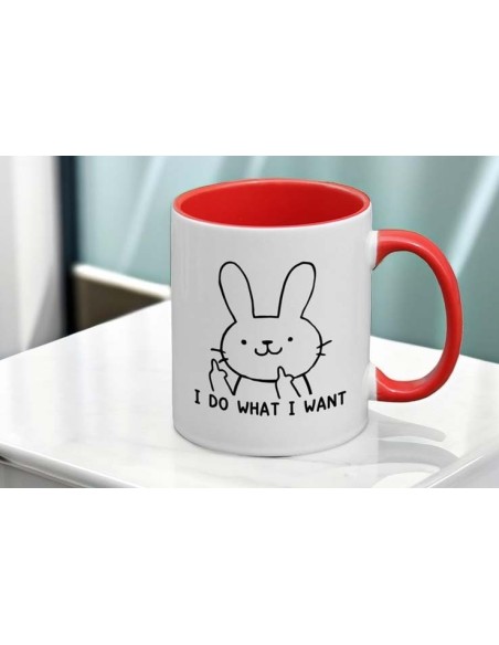 Mug en céramique blanc et rouge avec dessin lapin doigt d'honneur et inscription "I do what I want"