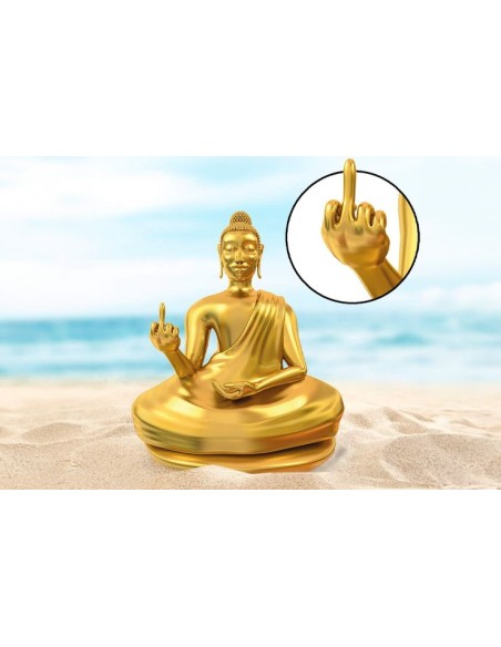 Statue dorée de Bouddha drôle avec doigt d'honneur