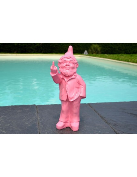 Figurine nain de jardin rose doigt d'honneur drôle