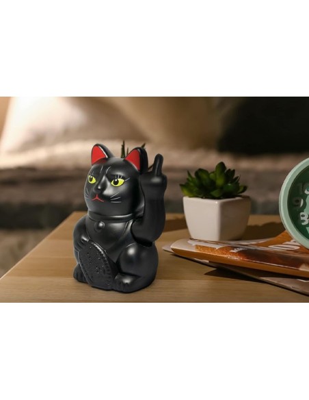 Figurine noire chat Lucky Cat doigt d'honneur qui bouge
