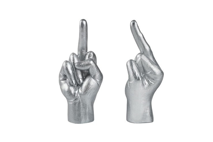 Statue doigt d'honneur en résine argenté