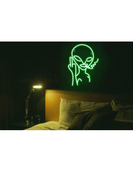 Néon vert mural motif alien doigt d'honneur