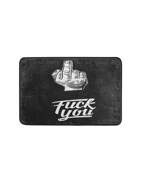 Tapis de bain noir et blanc motif doigt d'honneur et inscription "Fuck You"