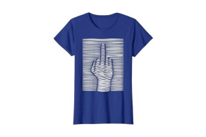 Tee-shirt bleu royal et blanc femme amusant motif doigt d'honneur effet 3D