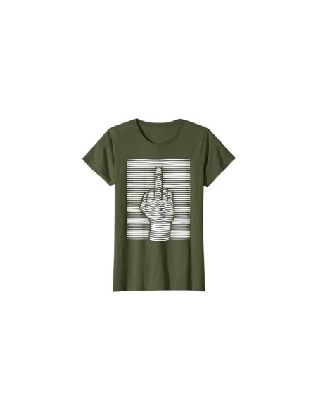 T-shirt femme amusant vert kaki et blanc motif doigt d'honneur effet 3D