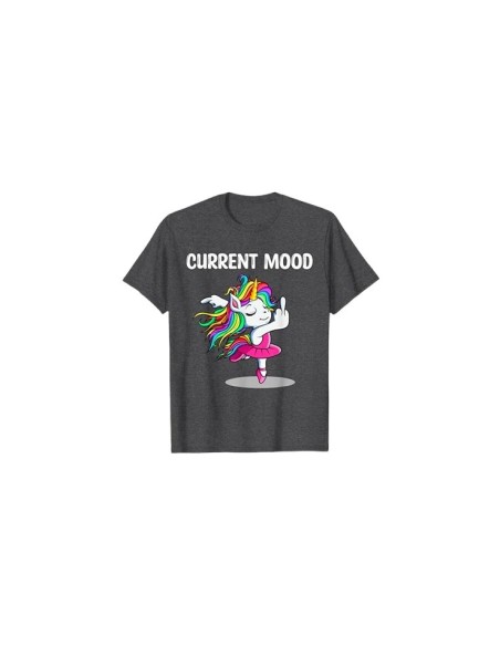 Tee-shirt drôle pour homme gris foncé chiné "current mood" doigt d'honneur licorne